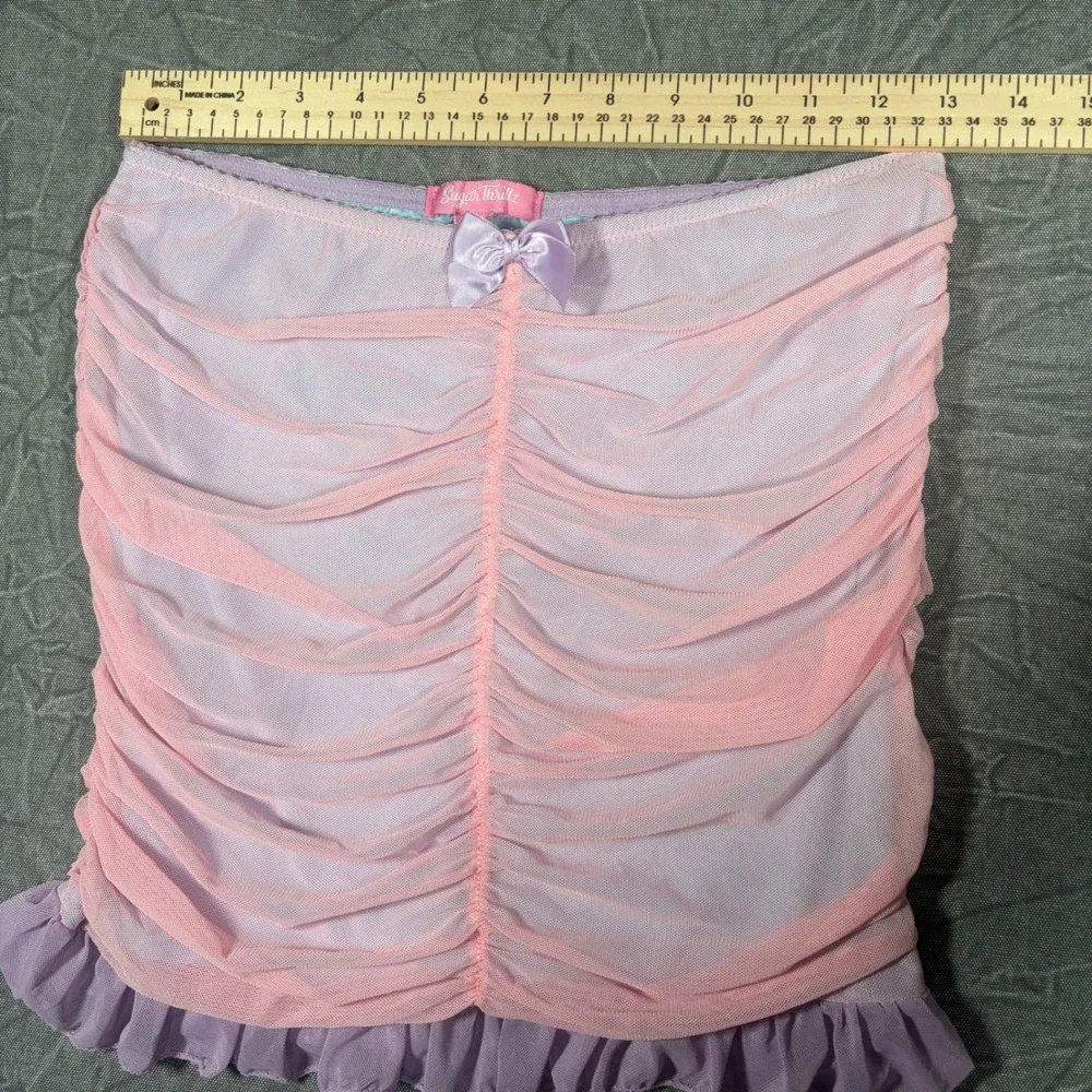 Sugar Thrillz Pastel Ruched Mesh Mini Skirt Womens M Pink Purple Satin Bow Y2K